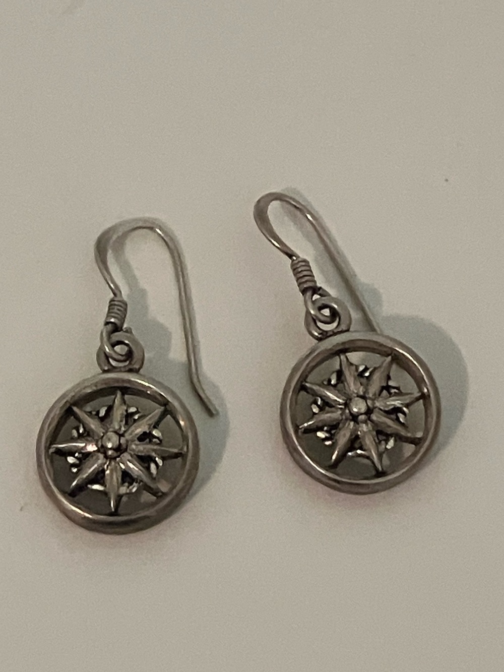 Vintage 925 Sterling Silver Compass Rose Sunburst Dangle Earrings